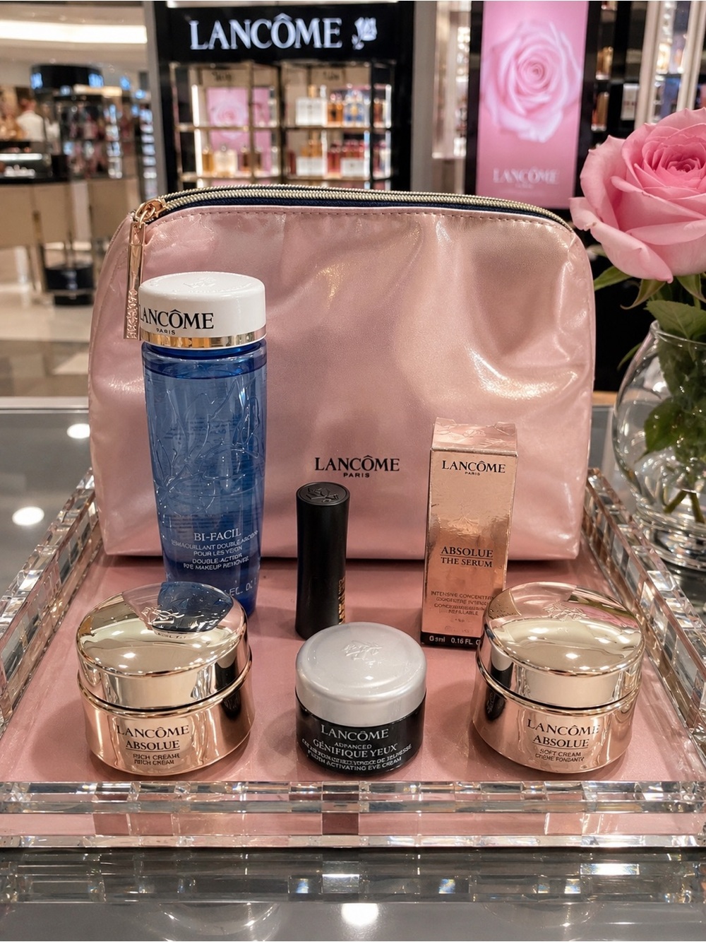 Lancôme Pink Cosmetic Bag Skincare Set with Gold Accents New Without Tag